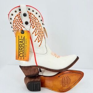 Corral White Patent Neon Orange Embroidery Studded Crinkled Western Boots 6 NWOB